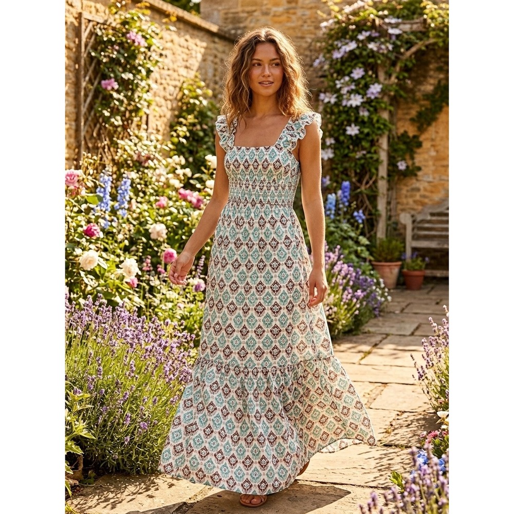 Rock and Roll Denim Dress Womens Ikat Diamond Print Smocked Maxi Teal Burgundy S